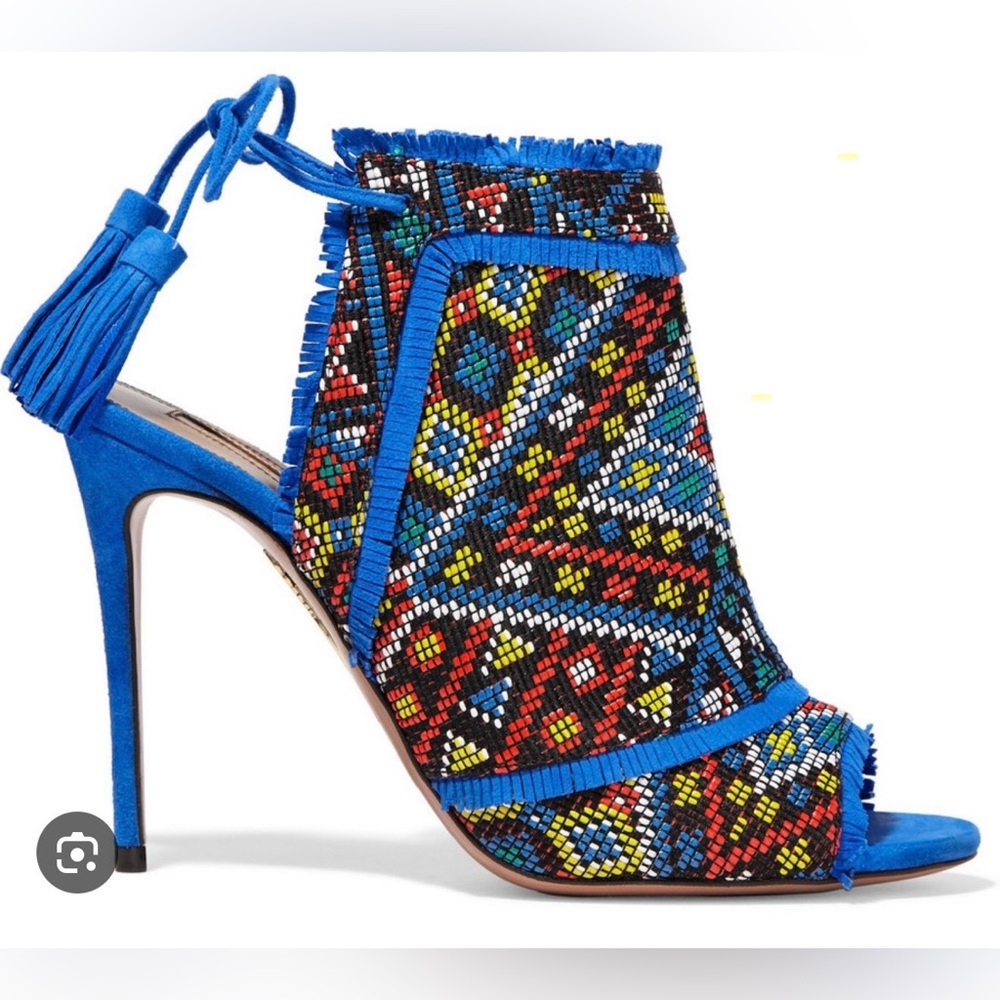 Aquazzura Colorado Embroidered
Multicolor Blue Suede Peep Toe Heels